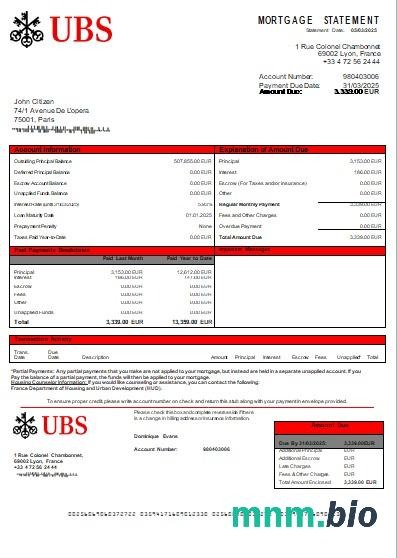 Francja Bank UBS wyciąg z kredytu hipotecznego szablon Word i PDF